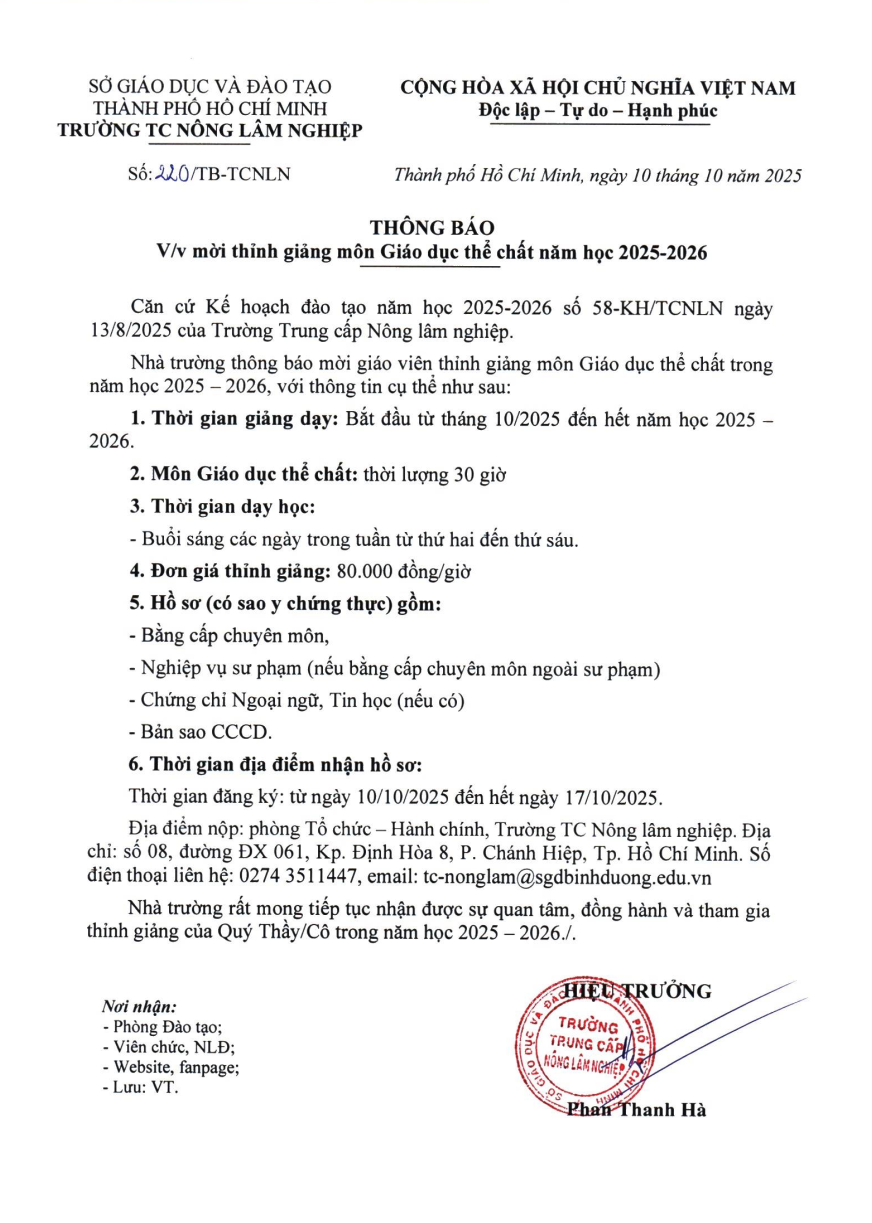 Thông báo mời thỉnh giảng giáo viên môn Giáo dục thể chất